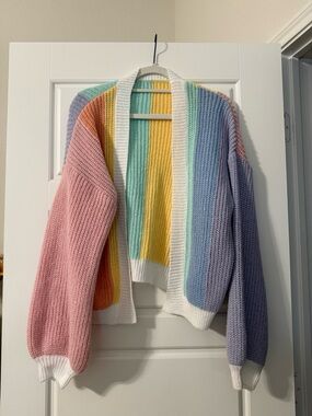 Pastel Striped Open-Front Knit Cardigan Sweater